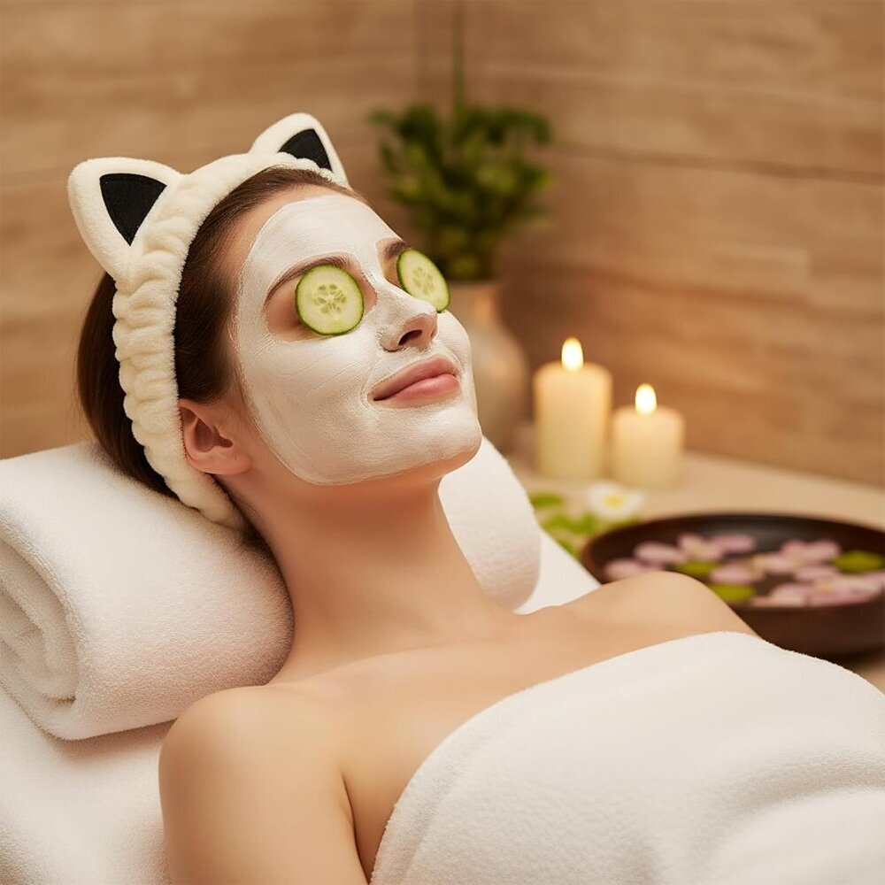 2 Pcs Cat Ears Headband Spa Headbands for Washing Face Khaki Beige Wristband - Picture 5 of 8